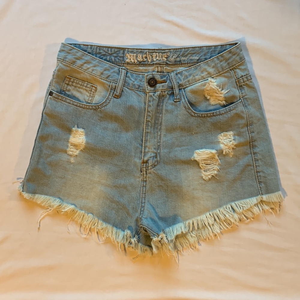 Machine distressed hi-waist denim shorts 30